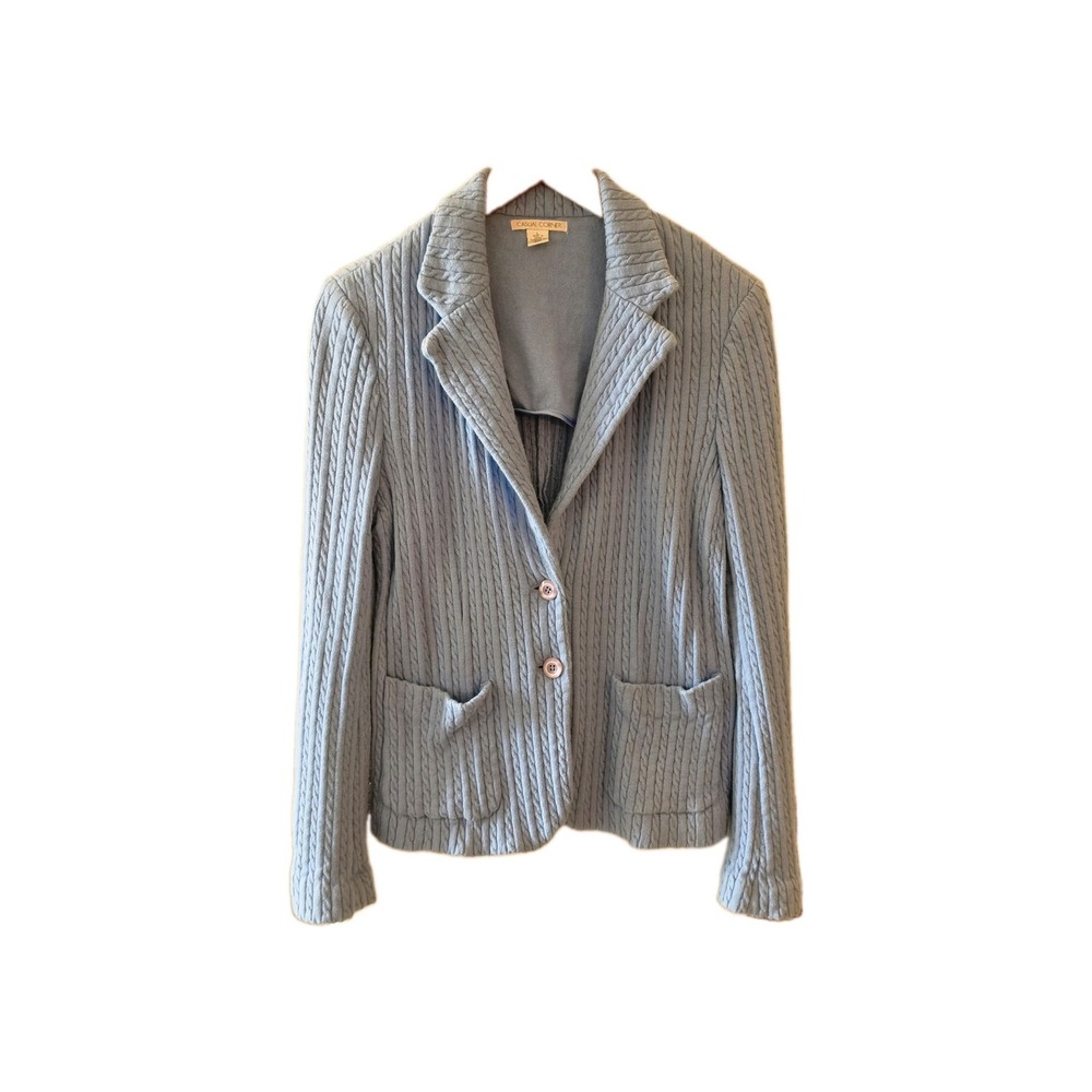 Vintage Woman's Button Up Cardigan Sky Blue Cable Knit Wool Blend Classic